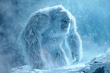 Huge fantasy hairy yeti character in beautiful outdoor nature color, abstract vivid composition consists of fictional unreal fantastic vision on background