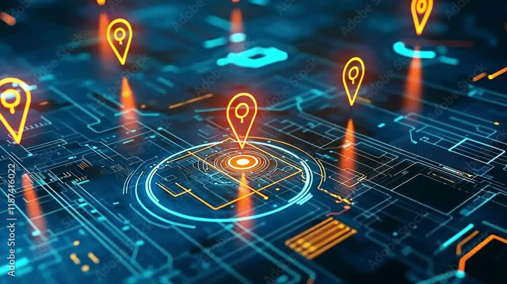 Poster a futuristic digital map with glowing orange location markers representing gps technology. concept o