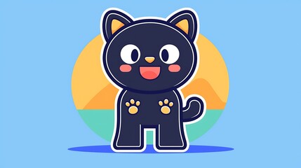 Obraz premium Happy cartoon black cat illustration.