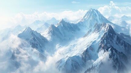 Beautiful landscape of snow-capped mountains. Panoramic view of mountainous area with peaks. Illustration for cover, card, postcard, interior design, banner, poster, brochure or presentation.