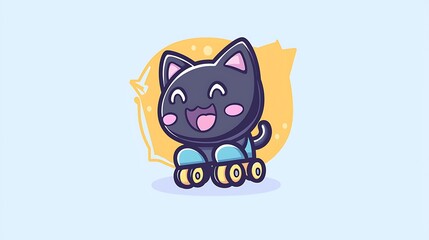 Happy cartoon cat on roller skates.