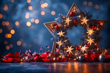 Large Star-Shaped Wreath Adorned With Red, White, and Blue Ribbons and Miniature Flags Celebrates a Patriotic Holiday in a Festive Atmosphere With Sparkling Fireworks in the Background