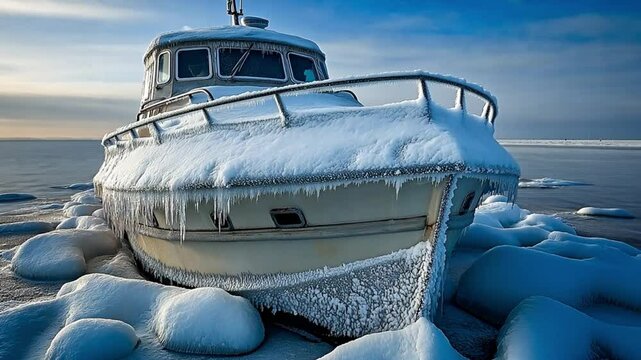 A frozen boat stuck in icy surroundings, highlighting the harshness of winter weather. Concept of cold, maritime challenges, and seasonal change.