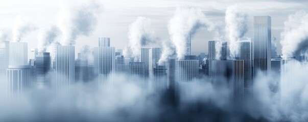 Fototapeta premium A foggy city skyline with buildings shrouded in smoke and steam, highlighting urban pollution and industrial activity.