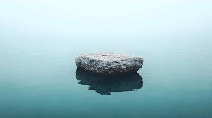 Solitary rock in calm, misty water; serene, minimalist scene reflecting tranquility and peace.