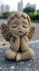 Stone Cherub Statue with City Background