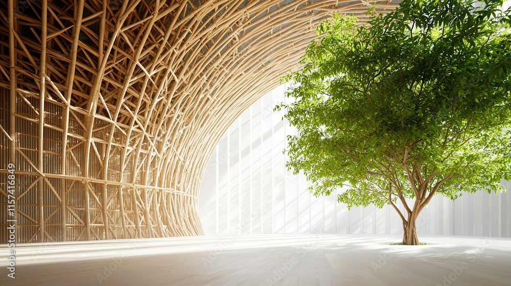 Aufkleber A serene interior featuring a large tree amidst a wooden structure, illuminated by natural light, creating a harmonious blend of nature and architecture.