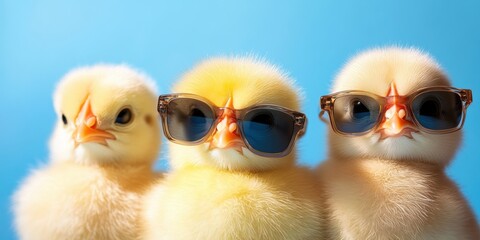 A cute group of fluffy chicks joyfully celebrates Easter in colorful sunglasses, embodying the essence of spring festivities and cherished family togetherness during this special season