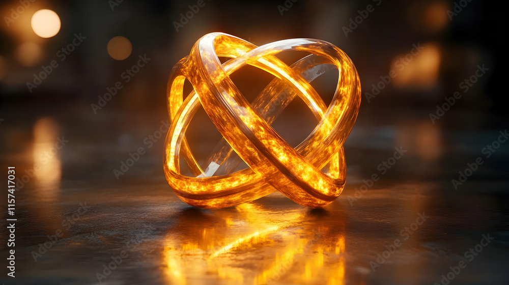 Poster glowing golden abstract sphere with intersecting rings reflecting on dark surface.