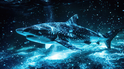 Obraz premium A surreal underwater scene with a massive shark moving through glowing bioluminescent waters