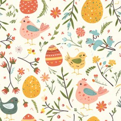 A seamless pattern with birds, eggs, flowers, and leaves