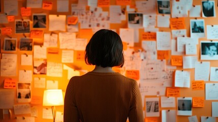 A woman staring at a vision board pinned on a wall filled with images and quotes, inspiring and cozy home setting, warm tones.