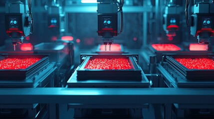 Automated robotic assembly line processing red components.