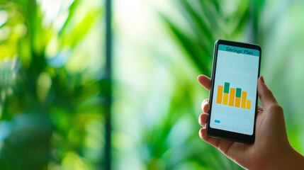 hand holding smartphone displaying savings plan app