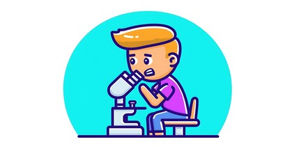 Obraz premium Boy scientist using microscope, focused, concentrated, studying.