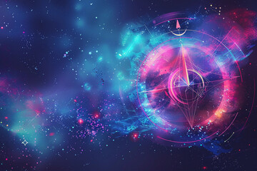 Astrological abstract composition with zodiac circle in signs and symbols, abstract vivid composition consists of fictional unreal fantastic vision on background