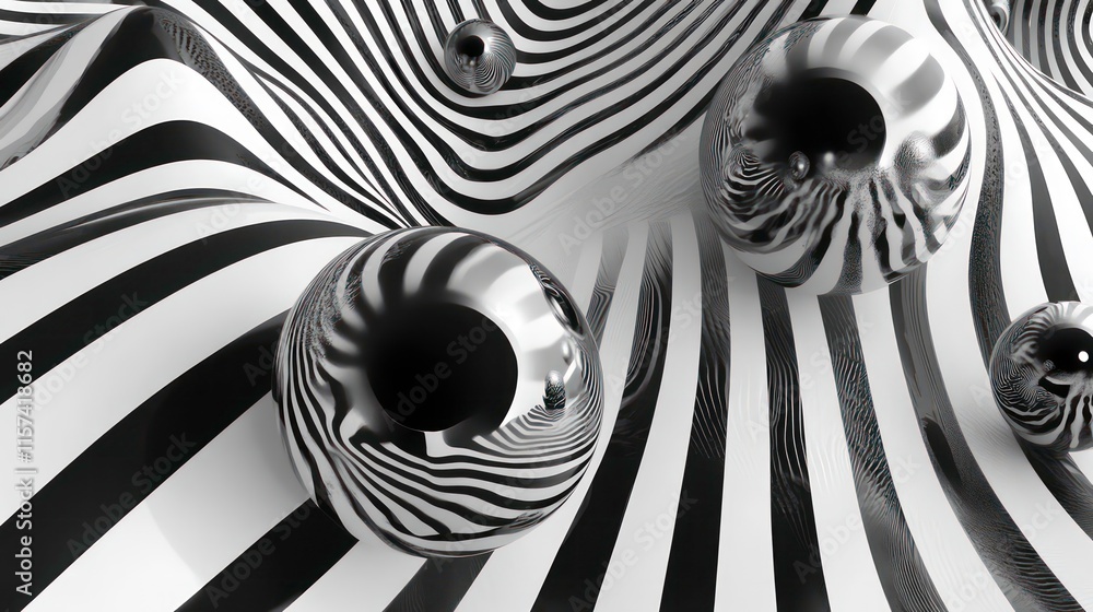 Poster black and white striped surface with many spheres with different striped patterns. optical illusion.