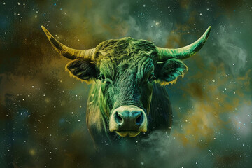 Astrological abstract composition with concept of Taurus zodiac sign symbol, abstract vivid composition consists of fictional unreal fantastic vision on background