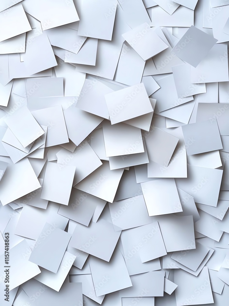 Aufkleber an abstract composition of scattered white paper sheets creating a textured, chaotic pattern. ideal 