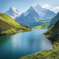 Serene alpine lake nestled in lush green valley, majestic snow-capped mountains in background.
