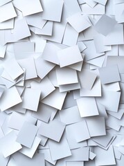 An abstract composition of scattered white paper sheets creating a textured, chaotic pattern. Ideal for design backgrounds, concept illustrations, and artistic projects.