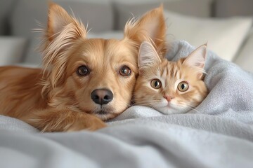 Cozy day captured with a fluffy dog and curious cat snuggling together on a soft blanket. Perfectly captures the essence of companionship and warmth.