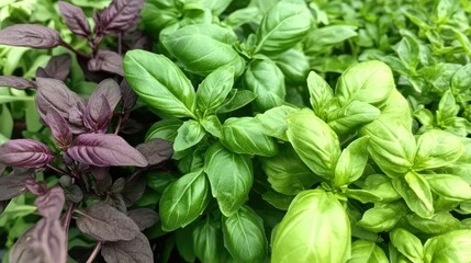Close-up of vibrant green and purple basil plants.