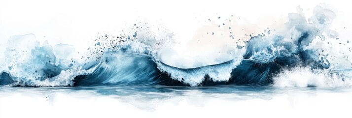 Majestic Blue Sea Waves Crashing in Artistic Watercolor Style on White Background