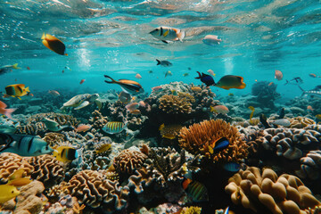 Fototapeta premium A vivid underwater ecosystem teeming with schools of colorful fish, sea turtles gliding over coral reefs, and pristine blue waters
