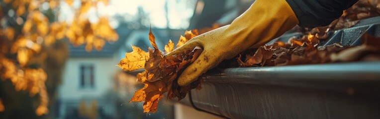 Fototapeta premium Hand clearing rain gutter filled with autumn leaves