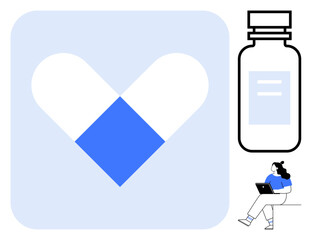 Heart-shaped capsule icon, medication bottle, seated person with laptop. Ideal for healthcare, pharmaceuticals, online consultations, telemedicine, medical apps, digital healthcare, and remote