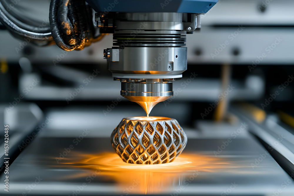 Poster close-up of a 3d printer creating a metal lattice structure.