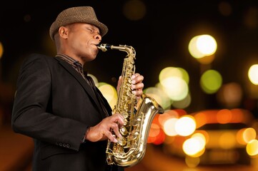 Happy jazz music band performing during live concert
