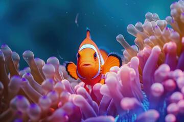 Close-up underwater photography of a vivid clownfish nestled in anemones with soft natural light illuminating the scene