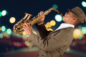 Happy jazz music band performing during live concert