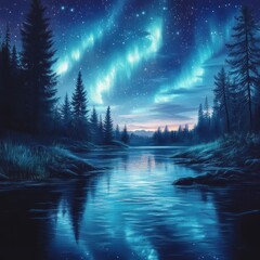 Fototapeta premium Serene night scene with aurora borealis reflected in a calm lake surrounded by pine trees.
