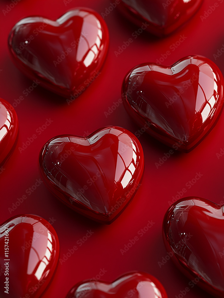 Poster Shiny red heart-shaped objects arranged on vibrant red background for Valentine's Day