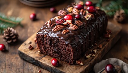 chocolate loaf cake, topped with pecans, cranberries, and a rich glaze