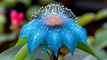 Vibrant Blue Flower with Dew Drops and Green Leaves