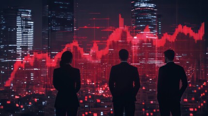 Three businesspeople stand silhouetted against a nighttime cityscape with a superimposed red stock market graph indicating a downturn.