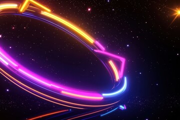 Fototapeta premium A glowing neon ferris wheel with radiant lights in shades of orange, pink, and blue, surrounded by abstract sparkles and faint mist for a whimsical and modern composition. 