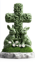 Obraz premium Green Stone Cross with Rabbits and Daisies