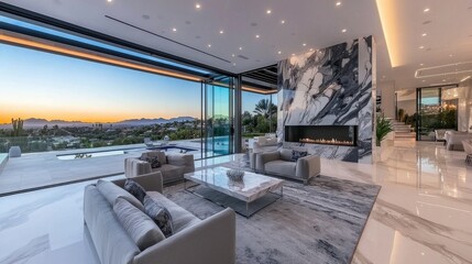 Luxurious Modern Living Room with Panoramic View and Open Concept Design