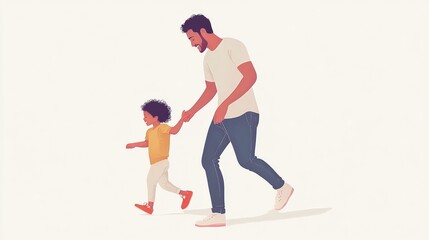 A joyful dad and child walking together hand in hand, celebrating the moments of parenthood, love, and connection in a cheerful and warm atmosphere, capturing a timeless bond.