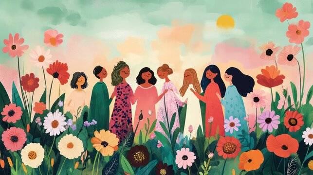 Celebrating diversity and joy among friends in a vibrant flower field International Women's Day - Powered by Adobe
