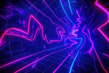 A glowing neon grid pattern with dynamic intersections in shades of purple and magenta, surrounded by swirling light trails and faint cosmic patterns, creating a retro-futuristic vibe. 