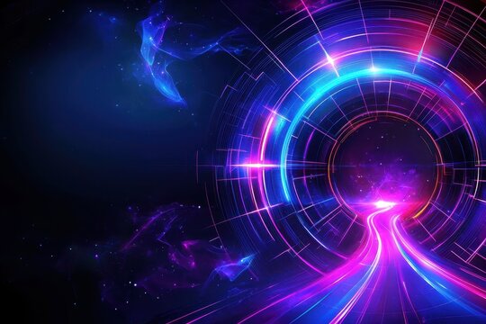 A glowing neon grid pattern with dynamic intersections in shades of purple and magenta, surrounded by swirling light trails and faint cosmic patterns, creating a retro-futuristic vibe. 