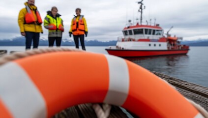 Naklejka premium Three individuals in life vests near a rescue boat on a dock.