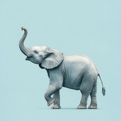 Obraz premium Playful baby elephant with trunk raised against a light blue background.