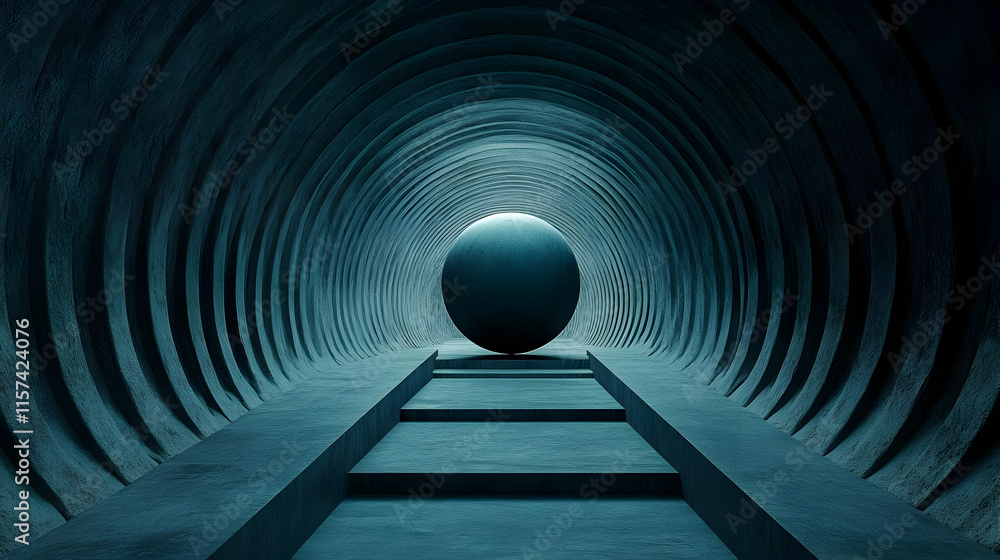 Aufkleber dark blue sphere in a concentric circular tunnel with steps leading to it.